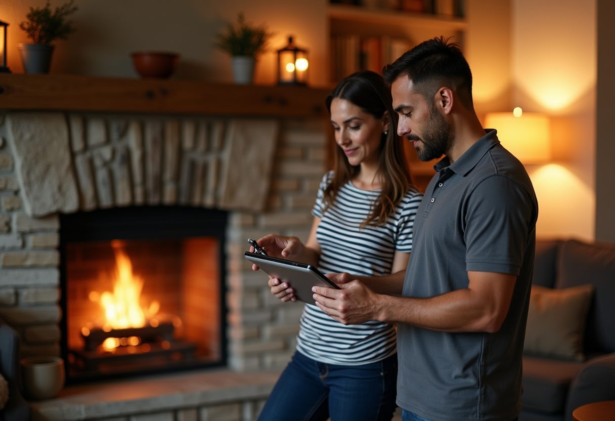 Technician showing a camera inspection beside a stone fireplace — Woodinville