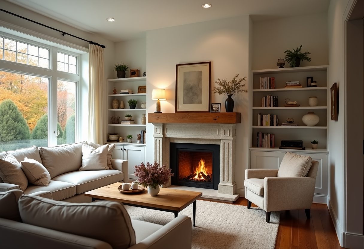 Lit stone fireplace in a bright living room — Woodinville